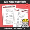 This cut-and-paste worksheet set for building short vowel words. Learners form words by assembling letter parts and matching them to correct pictures.