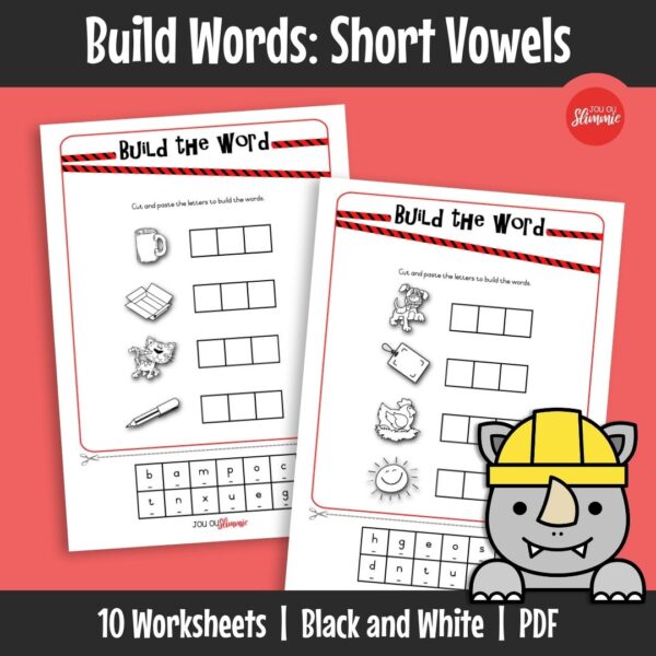 This cut-and-paste worksheet set for building short vowel words. Learners form words by assembling letter parts and matching them to correct pictures.