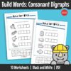This cut-and-paste worksheet set for building consonant digraph words. Learners form words by assembling letter parts and matching them to correct pictures.