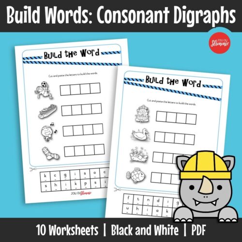 This cut-and-paste worksheet set for building consonant digraph words. Learners form words by assembling letter parts and matching them to correct pictures.
