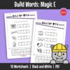This cut-and-paste worksheet set for building Magic E words (split digraphs). Learners form words by assembling letter parts and matching them to correct pictures.