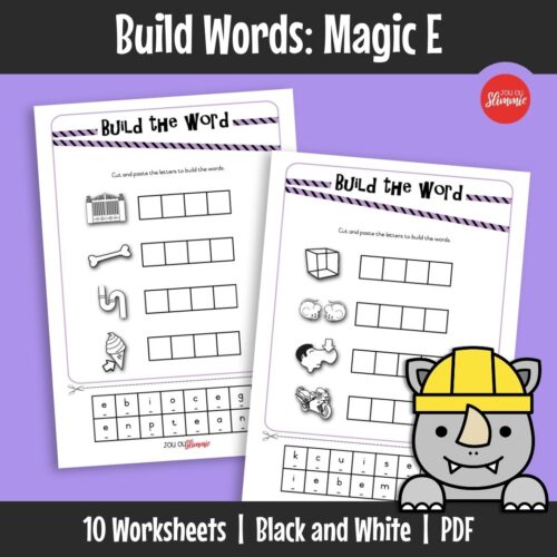 This cut-and-paste worksheet set for building Magic E words (split digraphs). Learners form words by assembling letter parts and matching them to correct pictures.