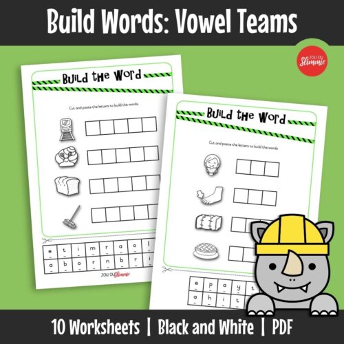 This cut-and-paste worksheet set for building vowel digraph words. Learners form words by assembling letter parts and matching them to correct pictures.