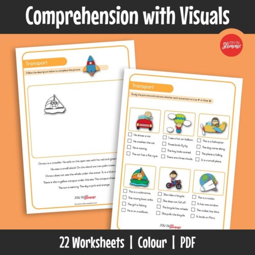 Comprehension with Visuals A set of beginner comprehension worksheets that combine short texts with visuals. Learners read, interpret images, and complete simple comprehension questions.