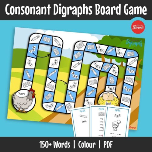 This board game is designed to practise consonant digraph words through interactive language activities. Learners read, spell, and respond to word-based tasks while moving through the game board.