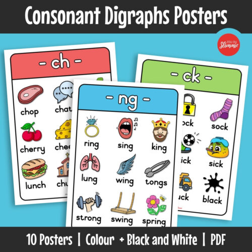 Consonant digraph posters covering common digraph spelling patterns for phonics. Learners identify and recognise digraph sounds in everyday words.