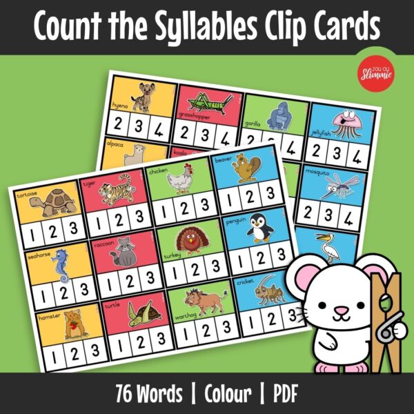 An interactive clip card activity that helps children identify and count syllables in words. Learners use clothespins to select the correct number of syllables while playing.