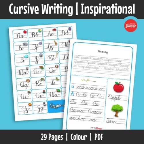 A cursive handwriting booklet with a nature and inspirational theme, designed to support handwriting practice and reading cursive text through meaningful quotes.