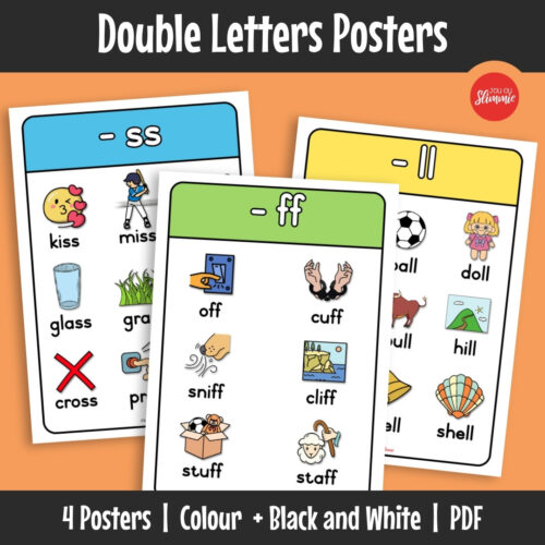 Double letter posters covering common double consonant spelling patterns in phonics. Learners recognise and identify repeated consonant patterns in words.