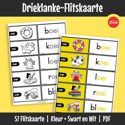 Drieklank-flitskaarte help kinders om vroeë leesvaardighede en woordherkenning stap vir stap te versterk.