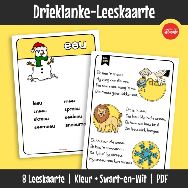 ’n Stel leeskaarte wat leerders help om drieklanke te oefen deur woorde en eenvoudige sinne te lees. Bou leesvloei en selfvertroue deur gereelde inoefening.