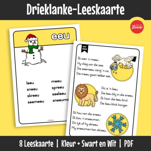 ’n Stel leeskaarte wat leerders help om drieklanke te oefen deur woorde en eenvoudige sinne te lees. Bou leesvloei en selfvertroue deur gereelde inoefening.