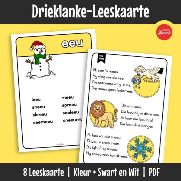 ’n Stel leeskaarte wat leerders help om drieklanke te oefen deur woorde en eenvoudige sinne te lees. Bou leesvloei en selfvertroue deur gereelde inoefening.