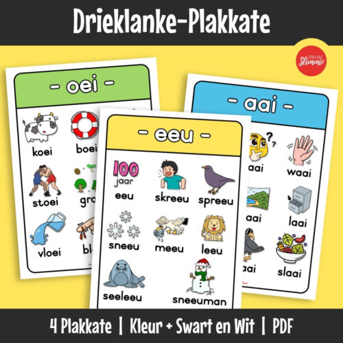 Klankleer-plakkate wat moeilike klankkombinasies visueel ondersteun. Leerders herken en identifiseer drieklanke deur duidelike patroonvoorstelling.