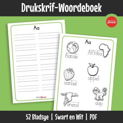 ’n Drukskrif-woordeboek wat leerders help om handskrif, spelling en woordeskat te ontwikkel. Dit dien as ’n persoonlike woordeboek wat oor tyd uitgebrei kan word.