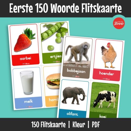 Hierdie is ’n stel van 150 flitskaarte met eenvoudige woorde en bypassende foto’s om vroeë woordeskat te ontwikkel. Kinders bou woordeskat deur visuele herkenning en herhaling.