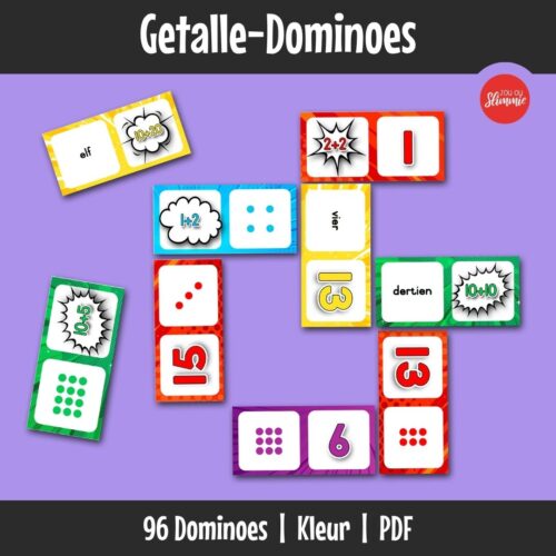 ’n Speletjie om getalle, getalname en basiese somme te oefen deur domino-teëls met mekaar te verbind.