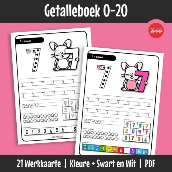’n Getalle-werkboek wat leerders help om getalherkenning van 0–20 te oefen.