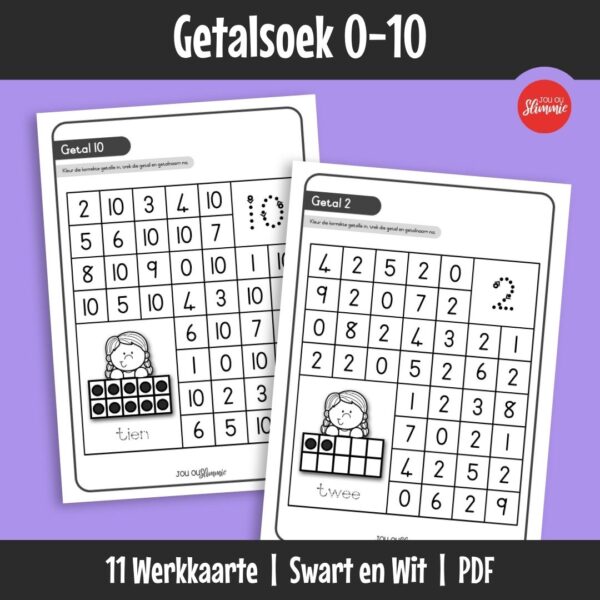 ’n Stel werkkaarte wat ontwerp is om getalherkenning van 0 tot 10 te ondersteun. Leerders oefen om getalle te identifiseer, te vind en daarmee te werk.