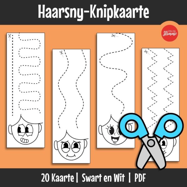 Prettige knipkaarte wat kinders help om fyn motoriese vaardighede en skêrbeheer op ’n speelse manier te ontwikkel. Kinders kleur in, en "stileer” hare terwyl hulle praktiese knipvaardighede oefen.