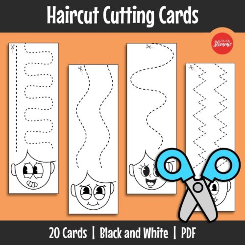 Fun cutting cards that help children develop fine motor skills and scissor control through play. Children colour in and “style” hair while practising practical cutting skills.