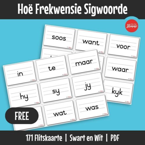 Flitskaarte om leerders te help om hoë frekwensie sigwoorde in Afrikaans te herken en te oefen. Ideaal vir vroeë leesontwikkeling en vlot leesvaardigheid.