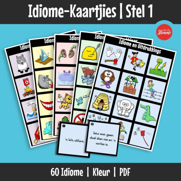Hierdie idiome-kaartjies help kinders om 60 Afrikaanse idiome en hul betekenisse op ’n speelse, visuele manier te leer. Leerders pas idiome uitgebeeld in prentjies en betekenisse bymekaar.
