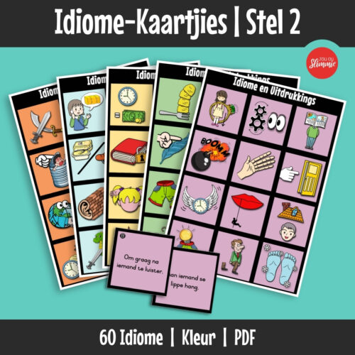 Hierdie idiome-kaartjies help kinders om 60 Afrikaanse idiome en hul betekenisse op ’n speelse, visuele manier te leer. Leerders pas idiome uitgebeeld in prentjies en betekenisse bymekaar.