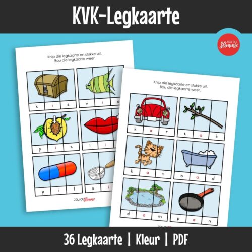 Legkaarte wat vroeë lees versterk deur 3-letter woorde met letter-stukke te bou. Die korrekte woord vorm ’n prentjie.