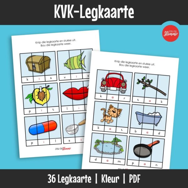 Legkaarte wat vroeë lees versterk deur 3-letter woorde met letter-stukke te bou. Die korrekte woord vorm ’n prentjie.