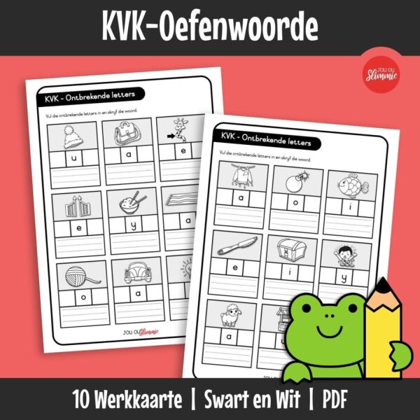 Werkkaarte wat kinders help om KVK-woorde makliker te leer lees en skryf. Vul ontbrekende letters in, skryf woorde oor en gebruik prente vir visuele ondersteuning.