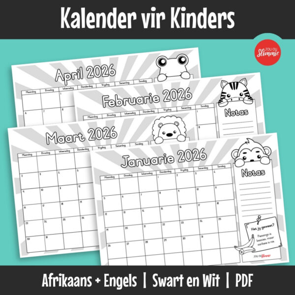 ’n Kindervriendelike kalender wat leerders help om tyd, beplanning en organisasievaardighede deur die jaar te ontwikkel. Leerders gebruik die kalender om belangrike datums aan te teken, interessante feite te lees en die inkleurprente te voltooi.