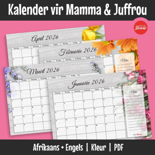 A stylish full-colour A4 calendar with flower photos and plenty of writing space, perfect for moms and teachers. Available in Afrikaans and English.