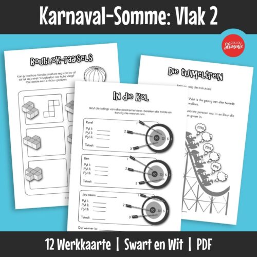’n Wiskunde-aktiwiteitsboekie met ’n prettige karnaval-tema. Dit kan gebruik word vir inoefening, verryking en hersiening van basiese wiskundevaardighede en dek hoofsaaklik Graad 2 werk.
