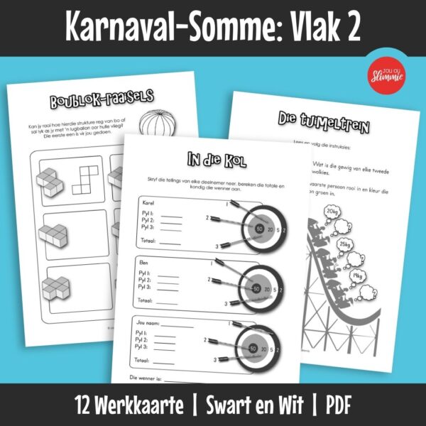 ’n Wiskunde-aktiwiteitsboekie met ’n prettige karnaval-tema. Dit kan gebruik word vir inoefening, verryking en hersiening van basiese wiskundevaardighede en dek hoofsaaklik Graad 2 werk.