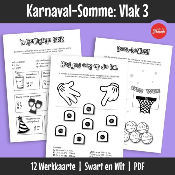 ’n Wiskunde-aktiwiteitsboekie met ’n prettige karnaval-tema. Dit kan gebruik word vir inoefening, verryking en hersiening van basiese wiskundevaardighede en dek hoofsaaklik Graad 3 werk.