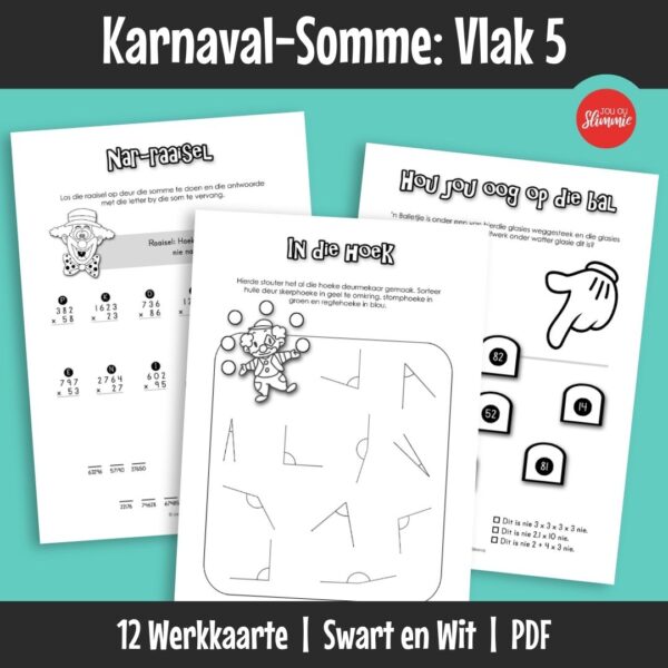 ’n Wiskunde-aktiwiteitsboekie met ’n prettige karnaval-tema. Dit kan gebruik word vir inoefening, verryking en hersiening van basiese wiskundevaardighede en dek hoofsaaklik Graad 5 werk.