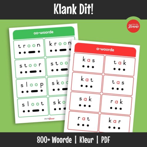 Hierdie is ’n stel leeskaarte wat dekodering deur klankdele ondersteun as ’n leesstrategie vir beginners. Leerders breek woorde op in klankgroepe om lees en woordherkenning te vergemaklik.