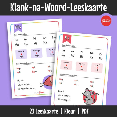 Hierdie leeskaarte help leerders om individuele klanke stap vir stap saam te voeg sodat eenvoudige, kort woordjies gelees kan word. Dit ondersteun die skuif van klankherkenning na werklike woordlees.