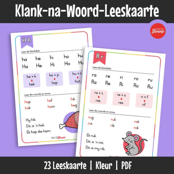 Hierdie leeskaarte help leerders om individuele klanke stap vir stap saam te voeg sodat eenvoudige, kort woordjies gelees kan word. Dit ondersteun die skuif van klankherkenning na werklike woordlees.