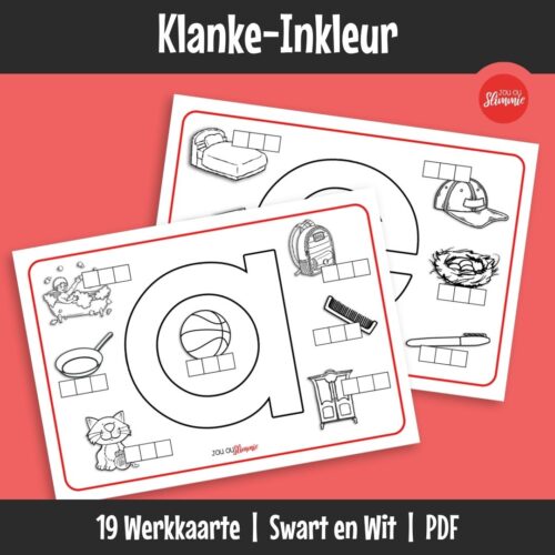 Klank-gebaseerde werkkaarte wat help met klankherkenning, vroeë lees en woord–prent-assosiasie deur eenvoudige visuele aktiwiteite.