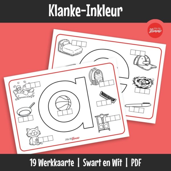 Klank-gebaseerde werkkaarte wat help met klankherkenning, vroeë lees en woord–prent-assosiasie deur eenvoudige visuele aktiwiteite.