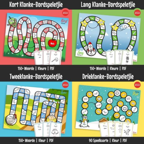 Hierdie bondel van vier bordspeletjie is ontwerp om woorde met kort, lang, twee- en drieklanke deur interaktiewe taalaktiwiteite te oefen. Leerders lees, spel en teken terwyl hulle die speletjiebord gebruik.