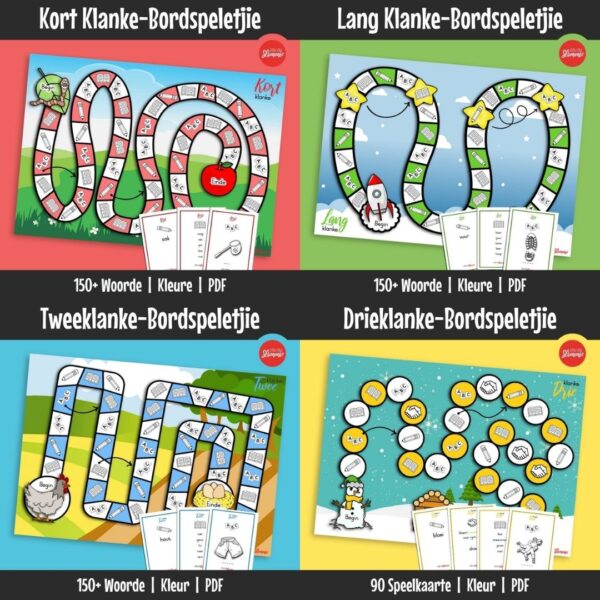 Hierdie bondel van vier bordspeletjie is ontwerp om woorde met kort, lang, twee- en drieklanke deur interaktiewe taalaktiwiteite te oefen. Leerders lees, spel en teken terwyl hulle die speletjiebord gebruik.