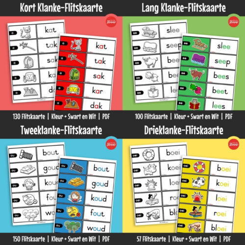 Klankleer-flitskaarte help kinders om vroeë leesvaardighede en woordherkenning stap vir stap te versterk.