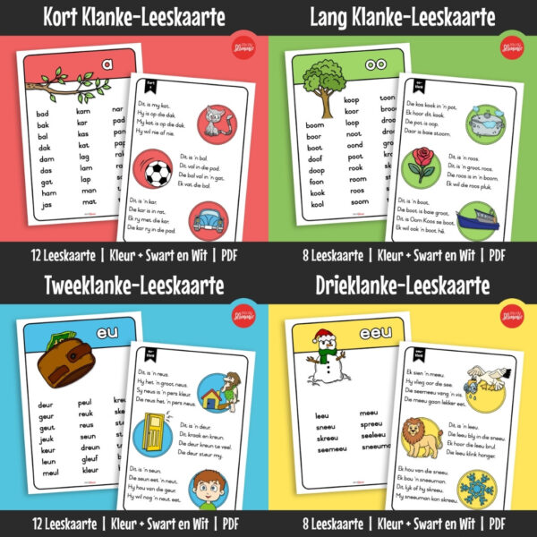 ’n Bondel van 4 stelle leeskaarte wat leerders help om klanke te oefen deur woorde en eenvoudige sinne te lees. Bou leesvloei en selfvertroue deur gereelde inoefening.