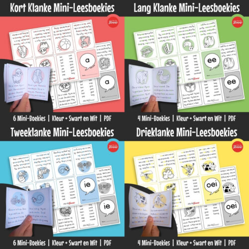Prettige, voubare mini-boekies wat elkeen slegs op een klank of klankkombinasie fokus sodat die leerder die klank kan vaslê voordat daar na ander klanke beweeg word.