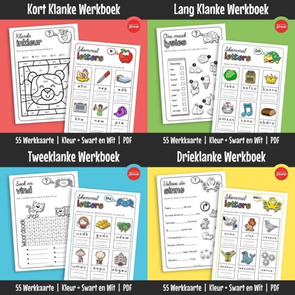Vier prettige werkboeke om woorde met kort, lang, twee- en drieklanke te oefen. Leerders bou lees- en klankvaardighede deur eenvoudige stap-vir-stap oefeninge.