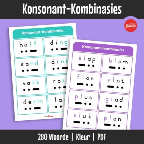 Hierdie is ’n stel leeskaarte wat dekodering deur konsonant-kombinasies ondersteun as ’n leesstrategie vir beginners. Leerders breek woorde in kleiner dele op om makliker en meer vloeiend te kan lees.
