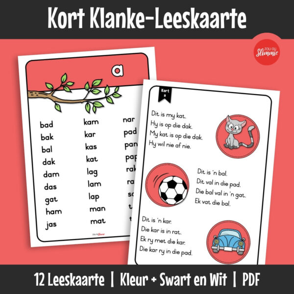 ’n Stel leeskaarte wat leerders help om kort klanke te oefen deur woorde en eenvoudige sinne te lees. Bou leesvloei en selfvertroue deur gereelde inoefening.